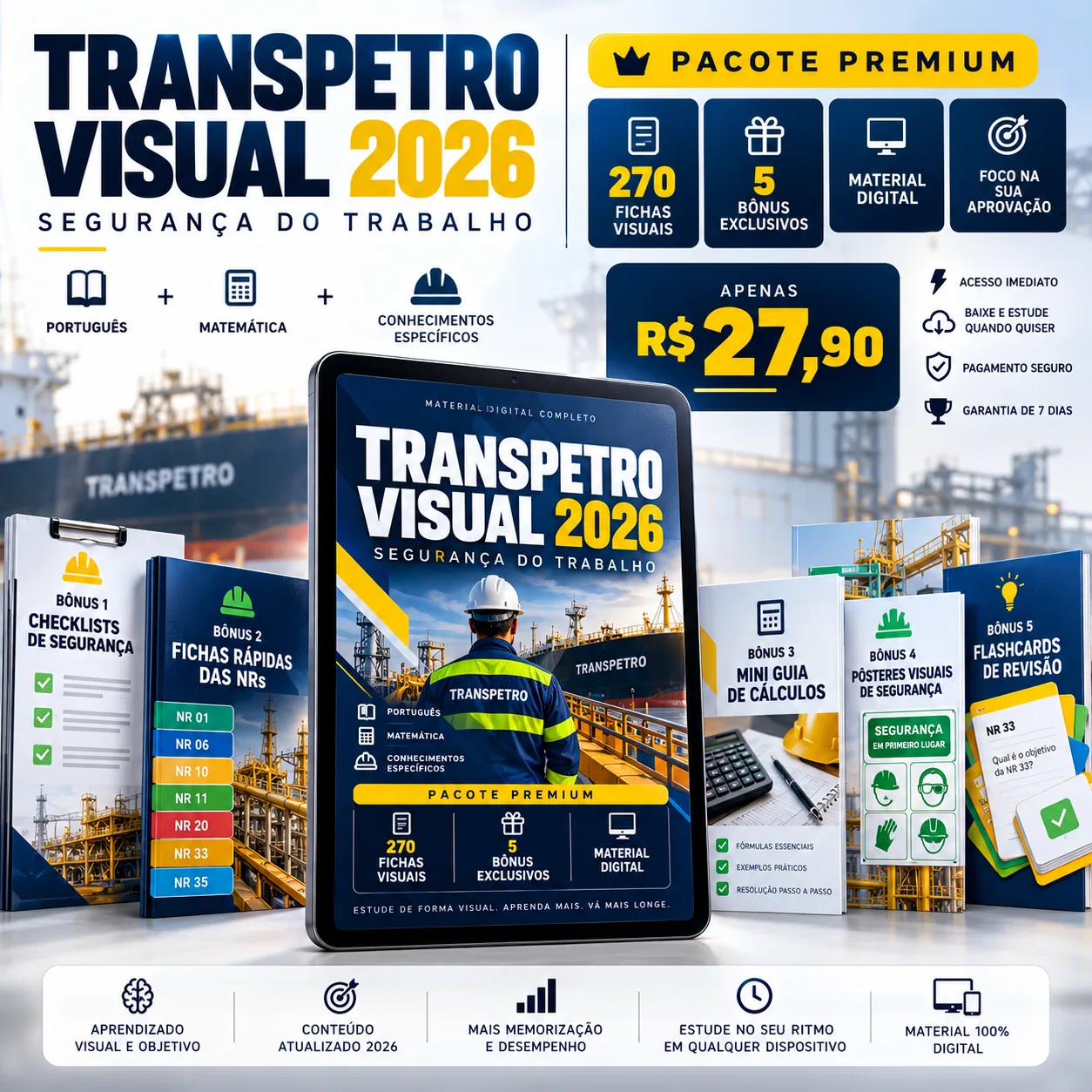 Mockup do Pacote Premium do Transpetro Visual 2026 — caderno principal, tablet e os cinco bônus