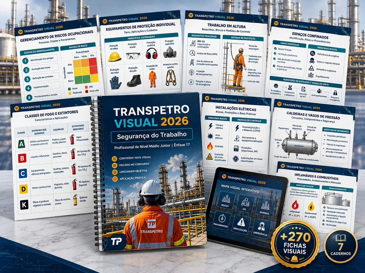 Transpetro Visual 2026 — Segurança do Trabalho: caderno principal com fichas visuais de exemplo